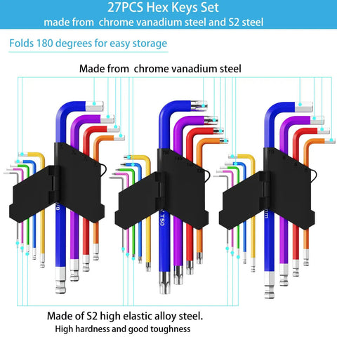 27 Piece Hex Key Set Color Coded Chrome Vanadium Steel with folding storage holder, showing color-coded long arm keys.