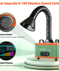 Slick Desktop Solder Fume Extractor With Badass Suction And Three Stage Hepa Paired With Activated Carbon For Crisp Air showing stepless speed control and digital display