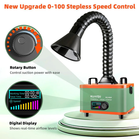 Slick Desktop Solder Fume Extractor With Badass Suction And Three Stage Hepa Paired With Activated Carbon For Crisp Air showing stepless speed control and digital display