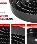 Close-up of carbon steel blades with teeth for Pro Grade Hole Saw Kit 19-Piece Set With 3/4 Inch To 5 Inch Blades, Mandrels, Drill Bits