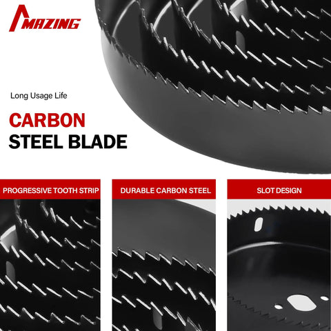Close-up of carbon steel blades with teeth for Pro Grade Hole Saw Kit 19-Piece Set With 3/4 Inch To 5 Inch Blades, Mandrels, Drill Bits