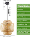 Hand Woven Boho Bamboo Pendant Light With Rattan Coastal Charm, Adjustable Domed Wicker Hanging Lamp, specs and black base