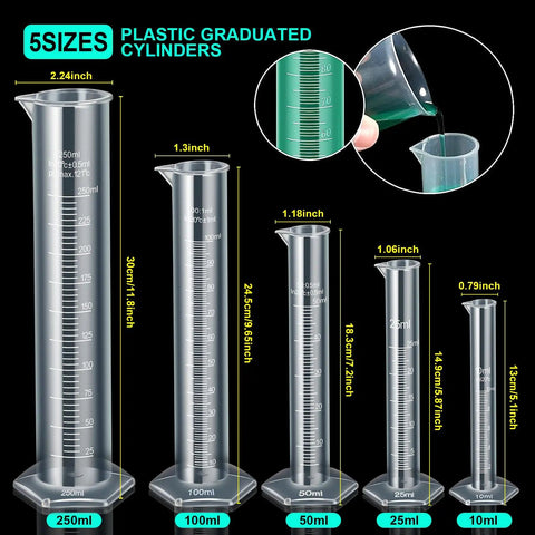 Classroom Science Kit With Plastic Graduated Cylinders And Beakers Set, 250ml, 100ml, 50ml, 25ml, 10ml durable clear cylinders
