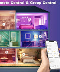 Smartphone controlling Color Changing Smart A15 LED Bulb With Dimmable WiFi Control in multiple colored rooms, E26 Base, 3 Pack.