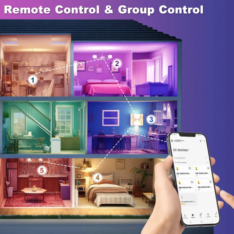 Smartphone controlling Color Changing Smart A15 LED Bulb With Dimmable WiFi Control in multiple colored rooms, E26 Base, 3 Pack.
