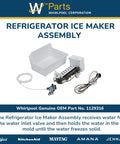 Ice Maker Kit Replacement for Top Freezer and Bottom Freezer Refrigerators, includes ice bucket and harness visible.