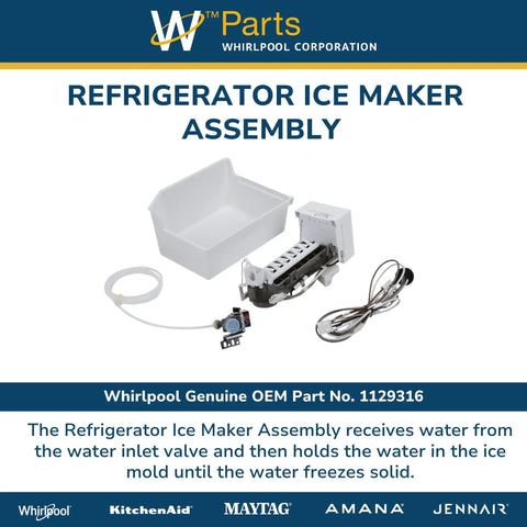 Ice Maker Kit Replacement for Top Freezer and Bottom Freezer Refrigerators, includes ice bucket and harness visible.