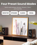 S2000MKIII High Fidelity Studio Monitor Speakers with preset sound modes displayed on a shelf next to decor