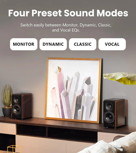 S2000MKIII High Fidelity Studio Monitor Speakers with preset sound modes displayed on a shelf next to decor
