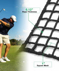 Golfer swinging near 10x10 Ft Golf Practice Fence Net, 400GSM Heavy Duty Barrier Net for backyard use, highlighting rope thickness and mesh size.