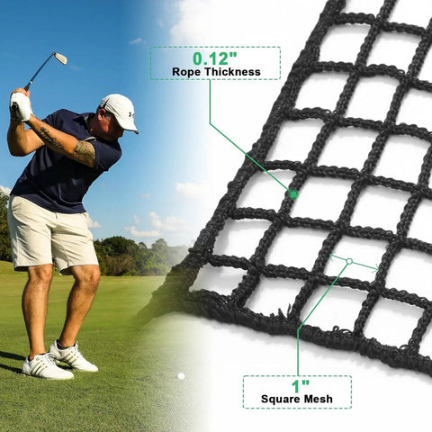Golfer swinging near 10x10 Ft Golf Practice Fence Net, 400GSM Heavy Duty Barrier Net for backyard use, highlighting rope thickness and mesh size.
