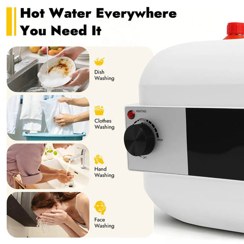 Compact Under Sink Mini Water Heater Delivers No Sweat Instant Hot Water For Kitchen Bathroom And RV 1.6 Gallon 1500W controls and usage examples.