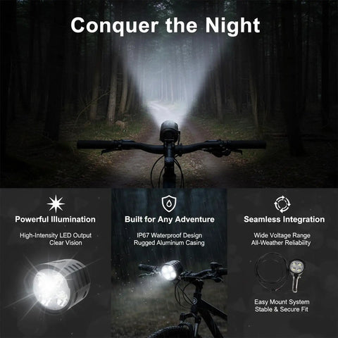 Three Pin Ebike Headlight With Horn For Night Riding, 12W Output, 4000 Lumens From Four LEDs, Universal Bike Light Fits 36V To 72V E Bikes, Durable Aluminum Housing, Waterproof, Road Or Trail Safe Illumination