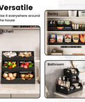 Ventilated 3 Tier Potato And Onion Organizer With Bamboo Pantry Bins Stackable Storage For Kitchen Pantry Countertop And Bathroom Keeps Veggies Fresh Longer Black in use in kitchen, pantry, and bathroom