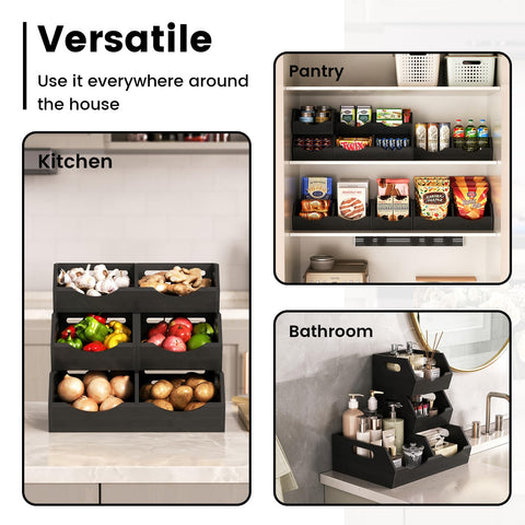 Ventilated 3 Tier Potato And Onion Organizer With Bamboo Pantry Bins Stackable Storage For Kitchen Pantry Countertop And Bathroom Keeps Veggies Fresh Longer Black in use in kitchen, pantry, and bathroom