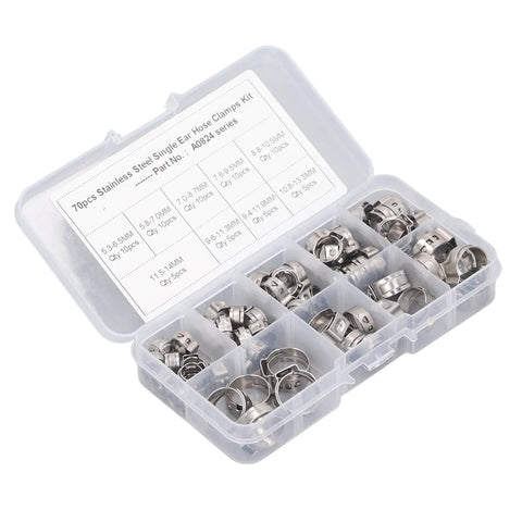Durable 70Pcs Single Ear Hose Clamp Kit Made From Premium 304 Stainless Steel For Secure Plumbing and Automotive Repairs That Are Built To Last And Handle Any Job With Ease. Assorted clamps in plastic case