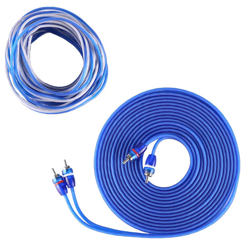 Blue 4 Gauge OFC Amplifier Wiring Kit Heavy Duty Installation Bundle with 17 ft power cable shown coiled and 2-channel RCA cables