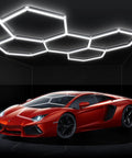 Hexagon LED Garage Light Fixture Pack 24 Count High Output 192W 23040LM 6500K Super Bright Grid System installed in garage