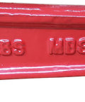 Close-up of red handle on Set Of 4 Heavy Duty Chain Ratcheting Load Binders 5/16 To 3/8 Inch Tie Down Rigging Boomer Style For Rock Solid Hauling showing embossed WLL 5400 lbs, 19000 lbs.