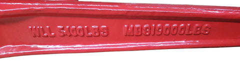 Close-up of red handle on Set Of 4 Heavy Duty Chain Ratcheting Load Binders 5/16 To 3/8 Inch Tie Down Rigging Boomer Style For Rock Solid Hauling showing embossed WLL 5400 lbs, 19000 lbs.