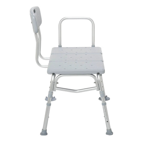 Plastic Bathtub Transfer Bench With Reversible Backrest And Tool Free Assembly For Easy Entry And Exit Bath Safety And Independent Comfort For Seniors And Caregivers At Home With No Fuss Non Slip Feet And Easy Grip, side view of bench showing reversible backrest and non-slip feet.