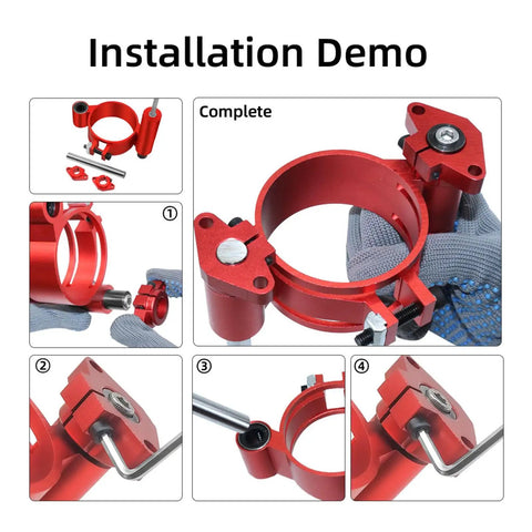 Dead Nuts Secure Router Table Lift System For 2.51 To 2.56 Inch Motors installation demo showing red aluminum components.