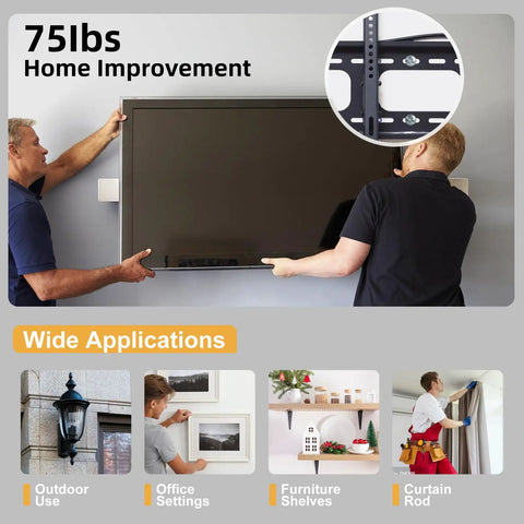 Two men using Drywall Anchors And Screws Kit 286 Piece Assortment for mounting a TV, images of diverse home improvement uses below.