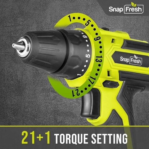 Close-up of 20V Cordless Drill Set With 3 By 8 Inch Chuck All In One Dual Speed LED Light 43 Piece Bit Kit Impact Driver Included Lightweight