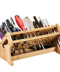 Bamboo Screwdriver Organizer Rack For Desktop Use Handy Hand Tool Stand And Repair Storage Holder with tools visible in slots