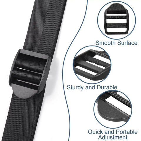 12 Pack 3/4 Inch Plastic Ladder Buckles for Backpack Straps and Nylon Webbing, Slider Buckle Replacement Clips shown attached to black strap.