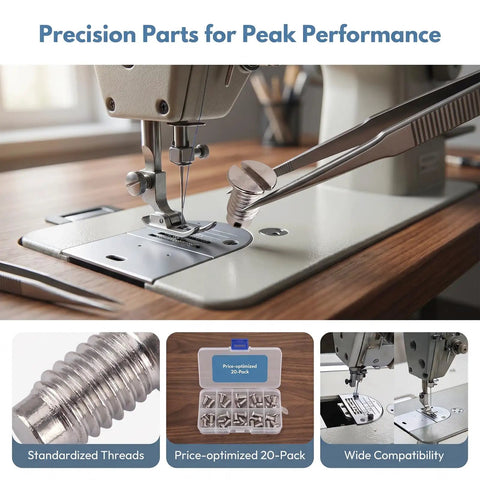 Fresh 20 Pack Tp Type Sewing Machine Needle Plate Screws With Standard Thread Replacement Fasteners For Brother Juki Singer Consew Industrial And Household Single Needle Equipment Repair Upkeep And Bulk Maintenance Projects, featuring precise metal screws and sewing machine.