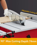 10 Inch 15 Amp Tough Job Site Table Saw With Rock Solid Stand And Push Stick For Effortless Cuts And Tight 90 Degree Cross Angles Along With Smooth 0 To 45 Degree Bevel Shift Adjustable Blade Height showing adjustable cutting depth with wood piece.