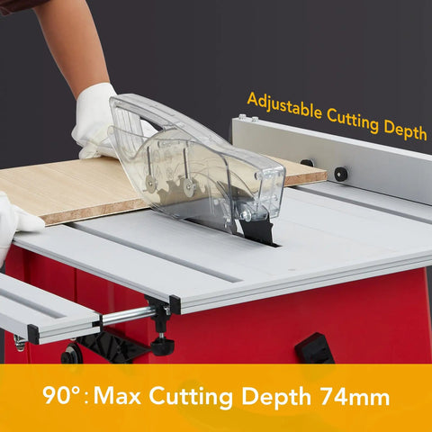 10 Inch 15 Amp Tough Job Site Table Saw With Rock Solid Stand And Push Stick For Effortless Cuts And Tight 90 Degree Cross Angles Along With Smooth 0 To 45 Degree Bevel Shift Adjustable Blade Height showing adjustable cutting depth with wood piece.