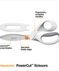 PowerCut SoftGrip Fabric And Mixed Media Scissors Built Tough For Crafting 8 Inch Heavy Duty Serrated Blade That Slices Fabric Cardboard Cork Foam And More With Precision Curved Edge. White scissors with ergonomic handles and serrated blade