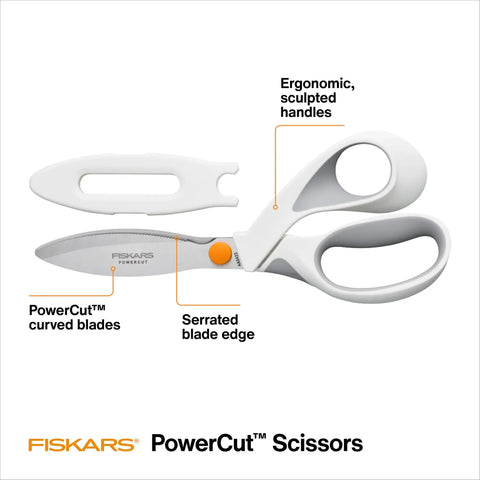 PowerCut SoftGrip Fabric And Mixed Media Scissors Built Tough For Crafting 8 Inch Heavy Duty Serrated Blade That Slices Fabric Cardboard Cork Foam And More With Precision Curved Edge. White scissors with ergonomic handles and serrated blade