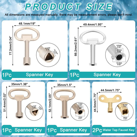 Dimensions and visuals of an Eight Piece Multi Function Sillcock Key Set For Radiators Faucets And Meter Boxes Heavy Duty 40Cr Steel Wrench Kit