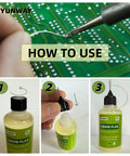 Step-by-step usage of Liquid Soldering Flux For Electronics Pro Grade No Clean Rosin Flux Dropper Bottle 30 mL on circuit board.
