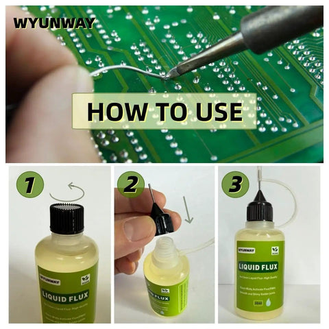 Step-by-step usage of Liquid Soldering Flux For Electronics Pro Grade No Clean Rosin Flux Dropper Bottle 30 mL on circuit board.