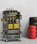 5 Tier Tool Cart With Charging Station And Eight Outlet Bank On Wheels Mobile Drill Holder And Battery Storage Rack in garage