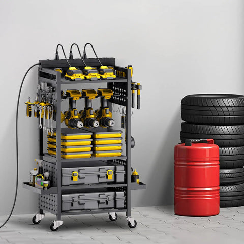 5 Tier Tool Cart With Charging Station And Eight Outlet Bank On Wheels Mobile Drill Holder And Battery Storage Rack in garage