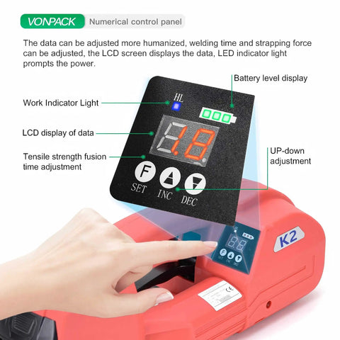 Hustle Free Electric Strapping Machine With Bright Digital Display And Massive 4000 Mah Battery Handles Half To Five Eighths In Poly Straps No Sweat Compact Cordless Bundler For Wood Metal Crate Packing control panel showing LCD display and settings.