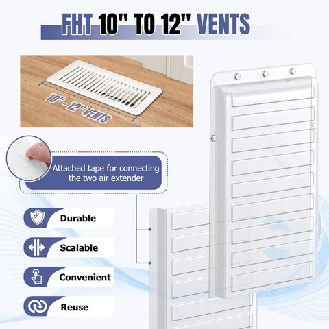 Two Pack Magnetic Air Vent Extender For Under Furniture And Floors, Upgraded Thick Floor Deflectors, Thick PET Material, Fits Ten To Twelve Inch Registers, Extends Up To Twenty Eight Inches, Boosts Airflow For Comfort And Energy Savings, shown with measurements and features