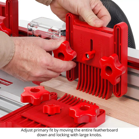 Rock Solid Variable Pressure Featherboard 2 Pack adjustable tension control in use, locking down stock with large knobs.