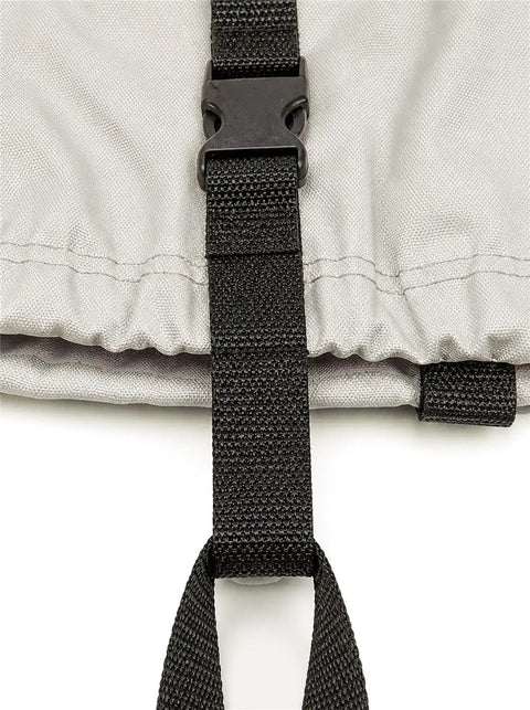 Close-up of strap system on Beefy Heavy Duty Boat Cover For Bass 150 1993 All Weather Trailerable Marine Cover Waterproof And UV Resistant