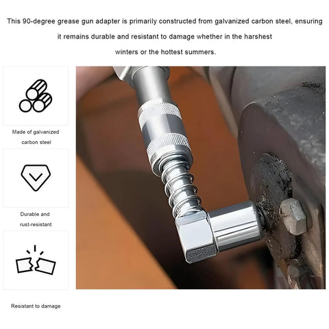 90 Degree Grease Coupler Adapter With Sleeve For Tight Spaces attached to machinery showing galvanized carbon steel finish