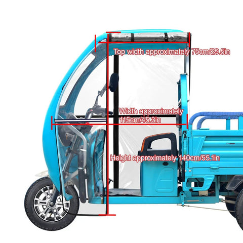 Three-Wheeled Electric Tricycle Cover With Transparent Rain Curtain For Outdoor Riding And Cargo Haul Weatherproof Shield With Reflective Strips For Safer Night Visibility Easy Fit On Electric Powered Trikes, 75cm top width