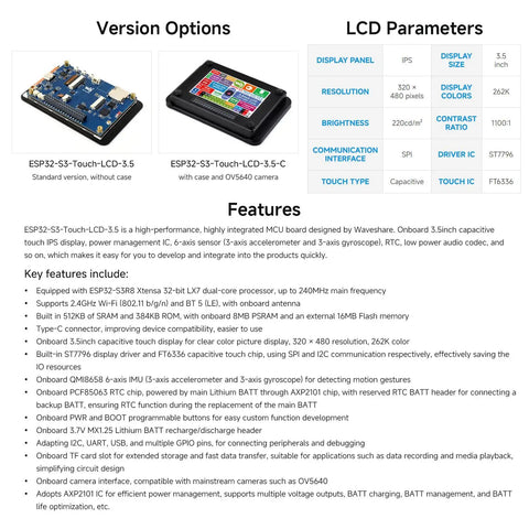 Slick Esp32-S3 Maker Board With A Smooth 3.5 Inch Ips Capacitive Touchscreen, dual core processor, and connection ports for DIY projects.