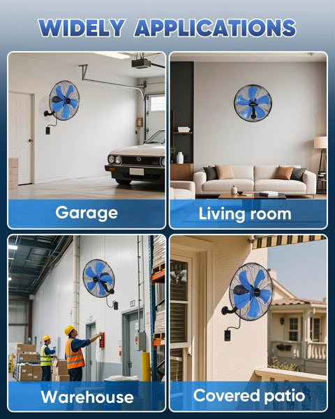 Beast Mode 18 Inch Wall Mount Industrial Oscillating Fan With 3 Speed Settings, visible in garage, living room, warehouse, patio