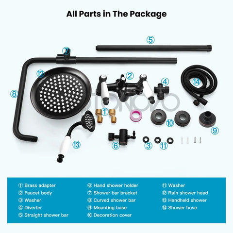 Oil Rubbed Bronze Shower Faucet Set With 8 Inch Rainfall Shower Head Handheld Spray Double Lever Handle Bathtub Spout parts layout