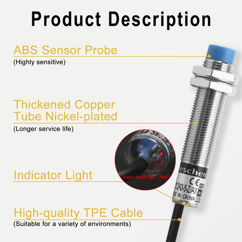 M12 Capacitive Proximity Sensor Switch Non Shield Type LJC12A3-5-Z/AX Detects Dielectric Objects From 1 to 5 Mm, 10 to 30 V DC, 200 mA, NPN Normally Closed, 3 Wire, Blue with ABS probe, nickel-plated tube, TPE cable shown.